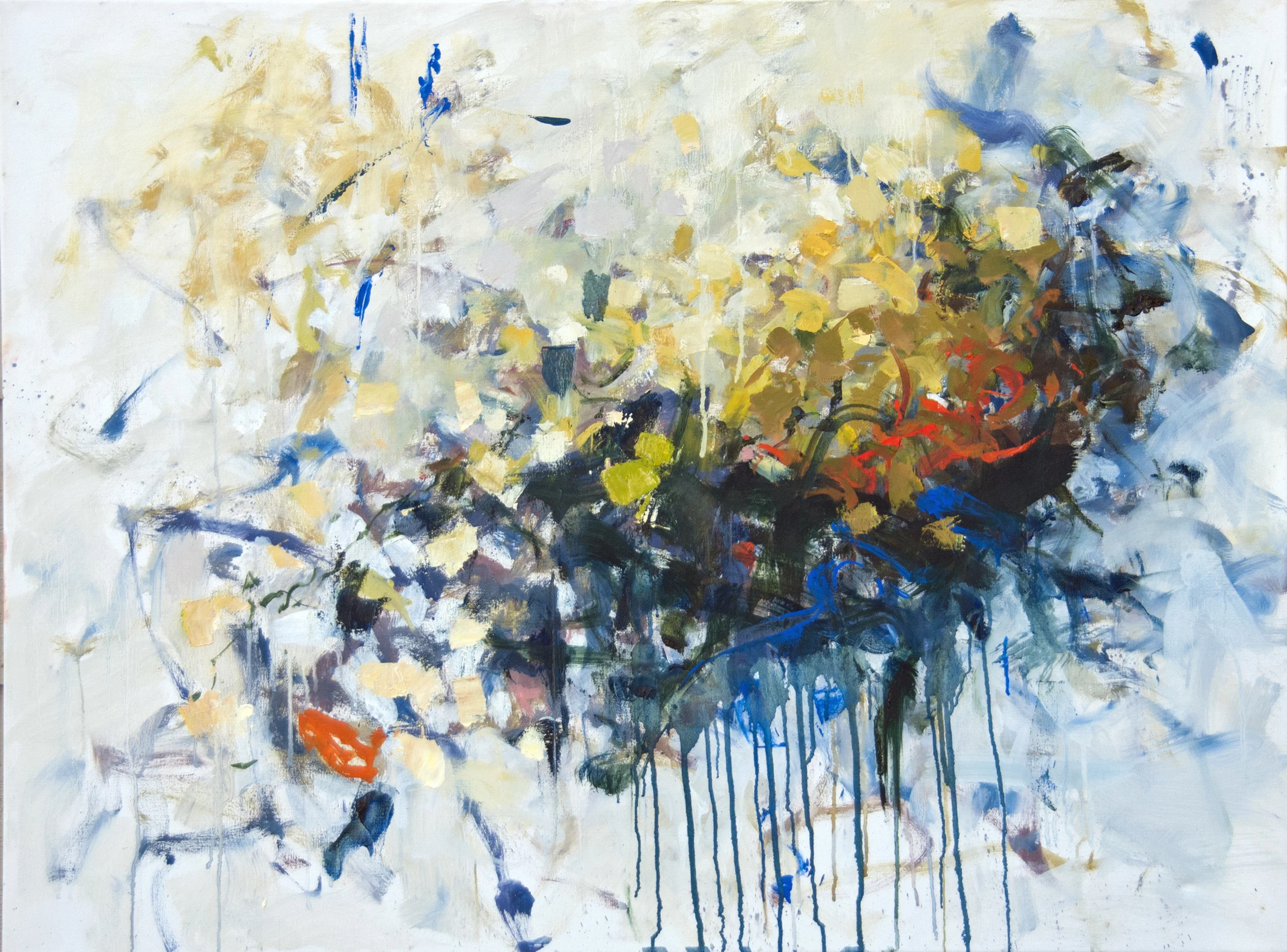 Abstract expressionist painting with loose brushstrokes in yellow, blue, orange, and dark green, with dripping paint