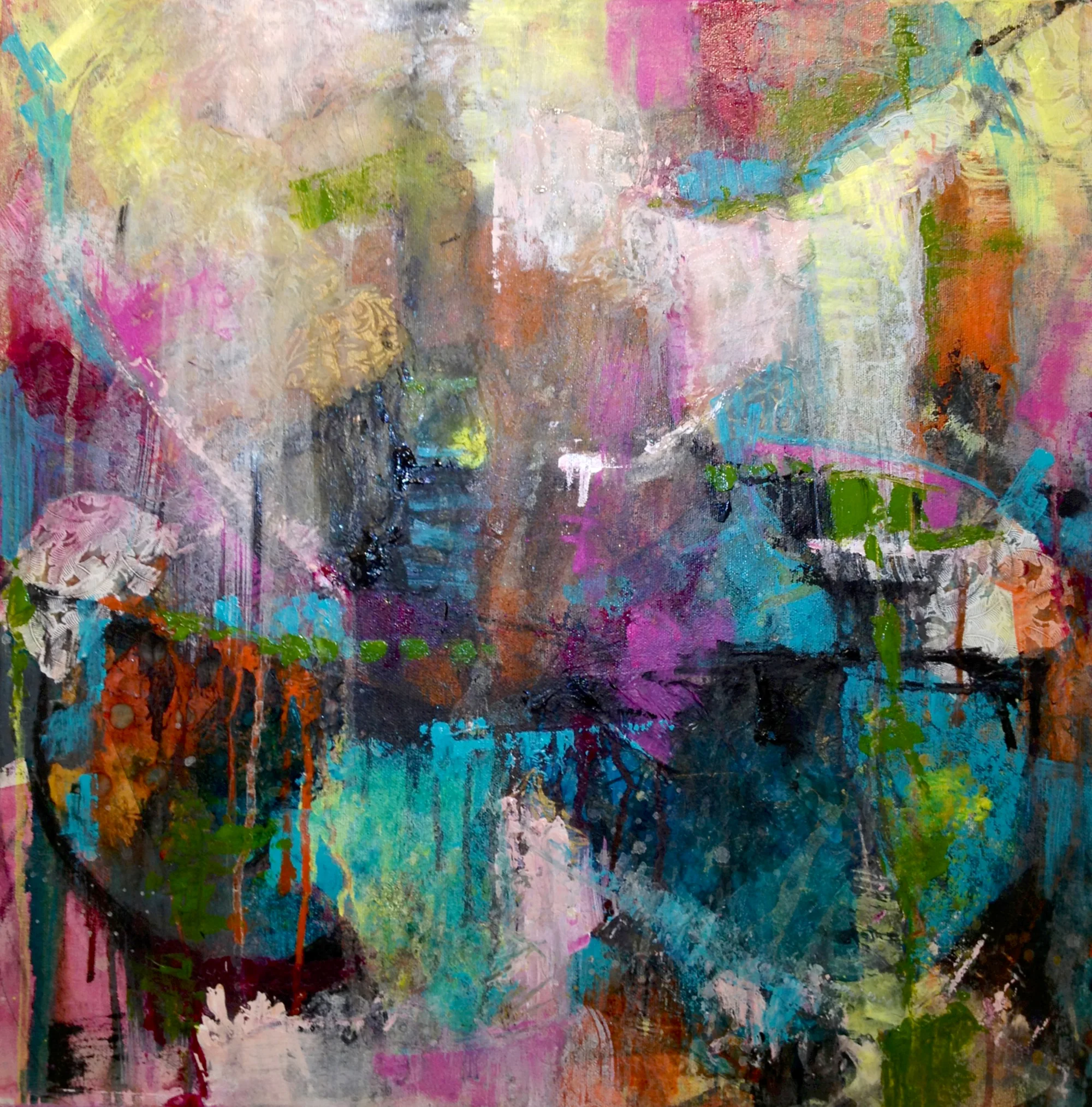 Abstract mixed-media painting with layered drips and textures in teal, pink, orange, and black, moody and expressive