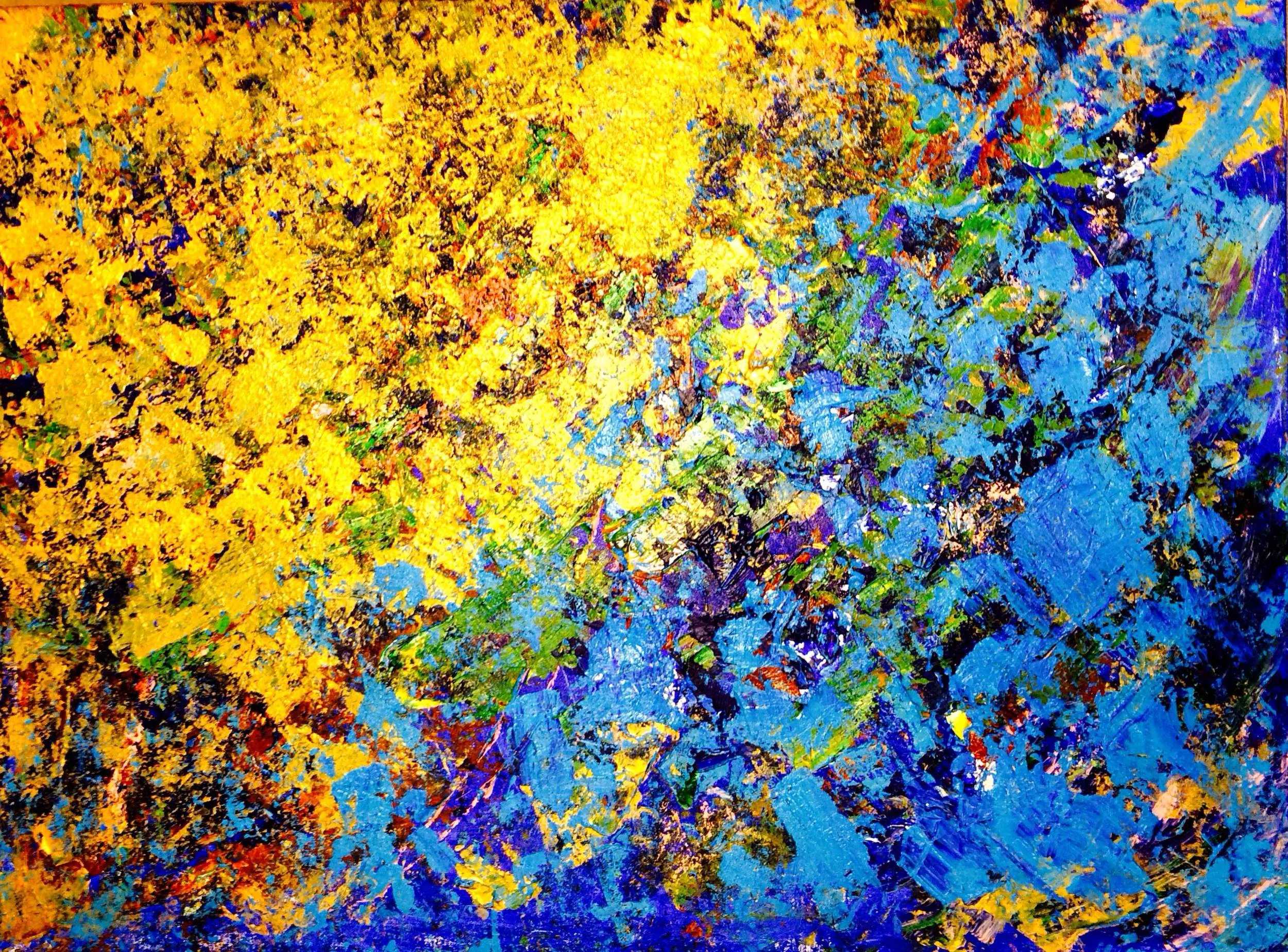 Abstract painting with thick textured brushstrokes in yellow and blue, vibrant and energetic mood