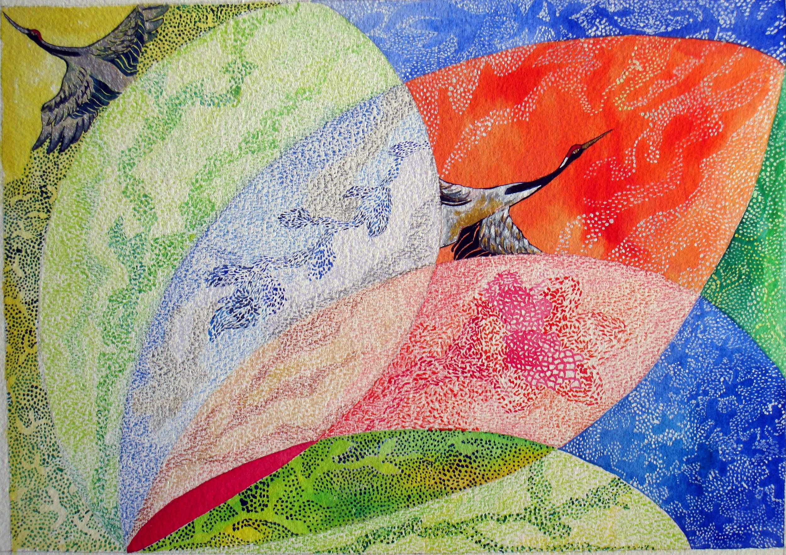Watercolor illustration of cranes with fan-like colorful sections in orange, green, blue, and pink, evoking the delicate beauty of cherry blossoms