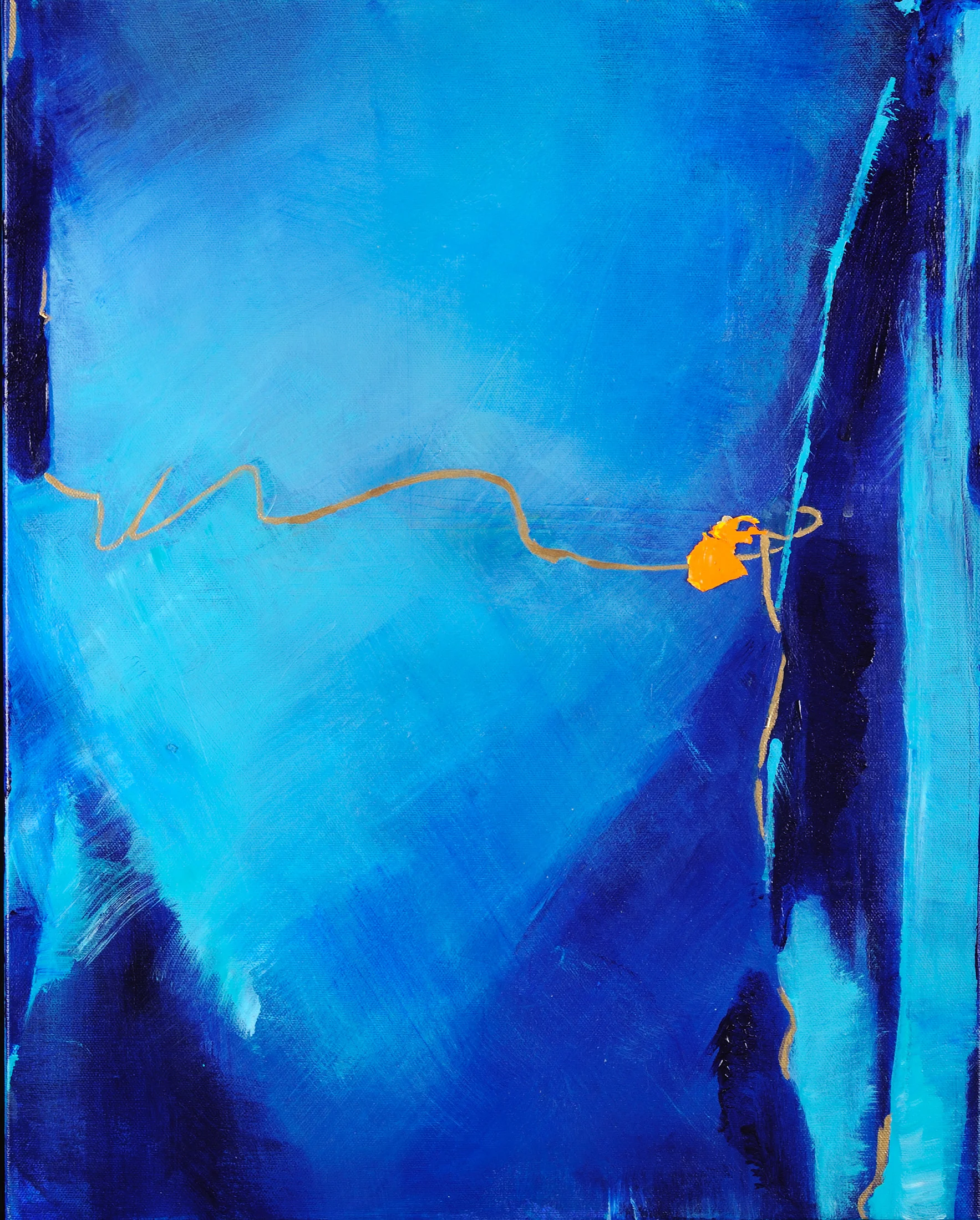 Abstract painting dominated by deep blue tones with a thin gold squiggly line and small orange accent, calm and minimal