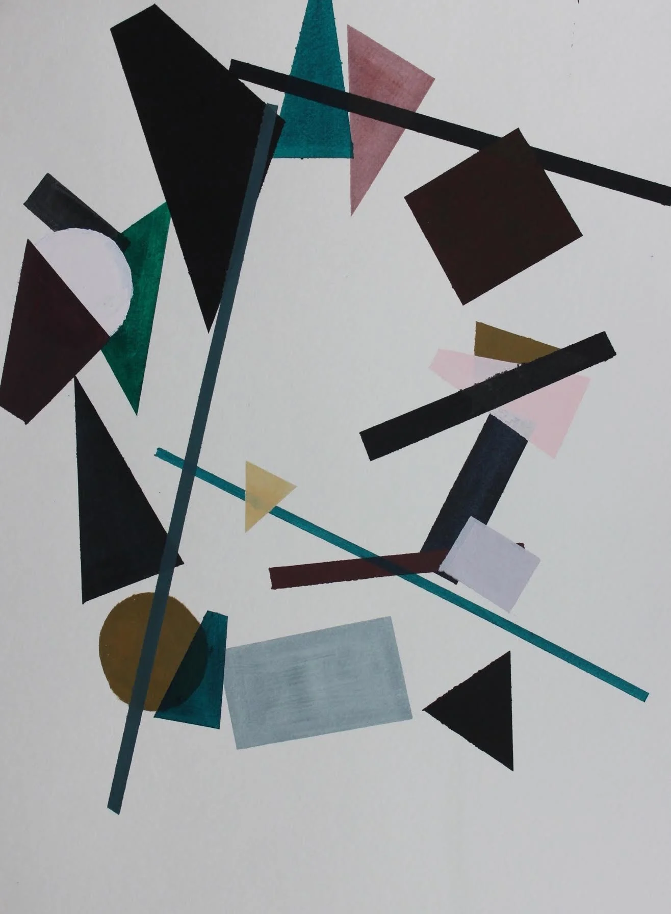 Abstract geometric painting with black, teal, pink, mustard, and gray shapes on a light background