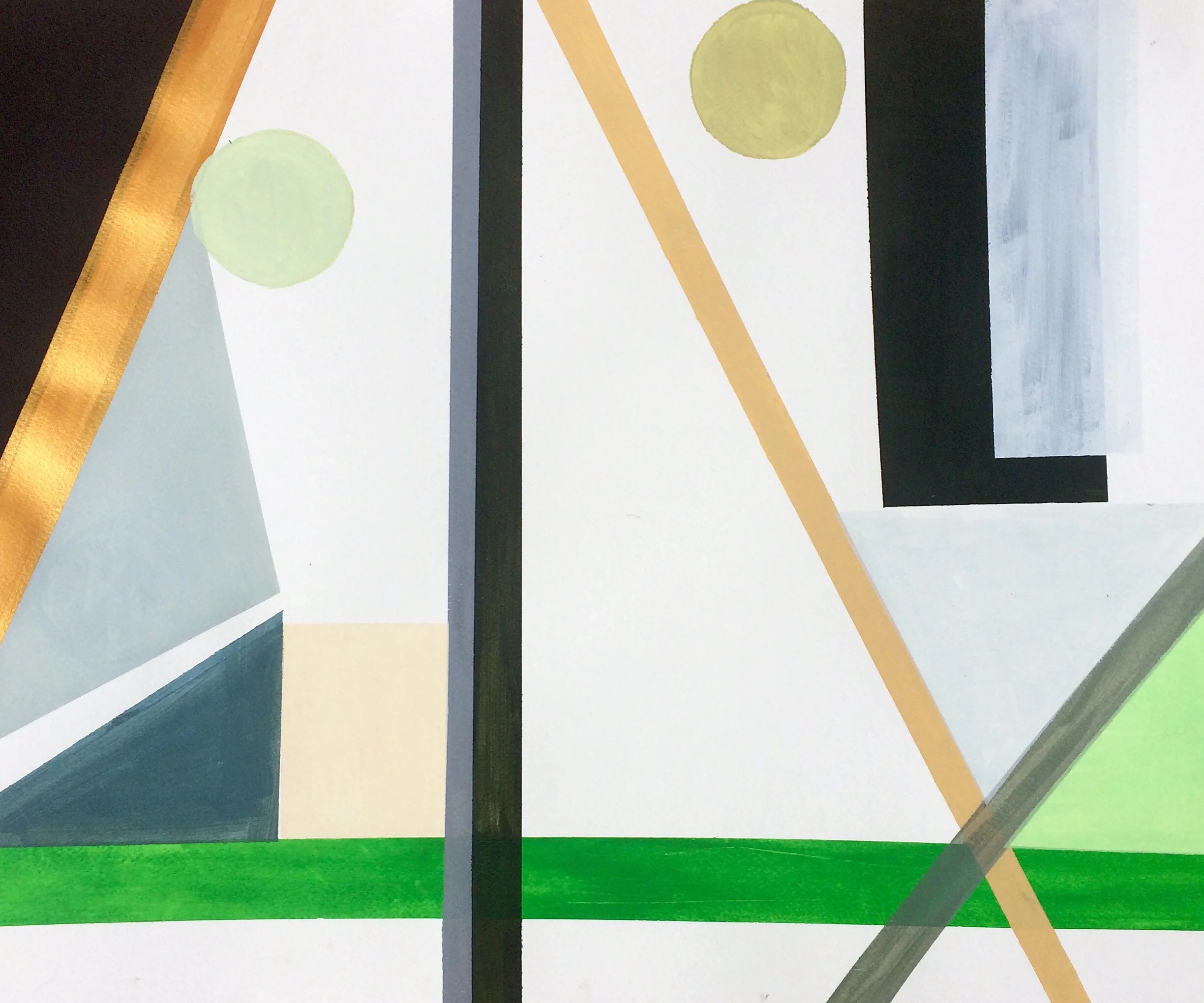 Geometric abstract painting with triangles, circles, and lines in green, gold, gray, and black tones on a white background